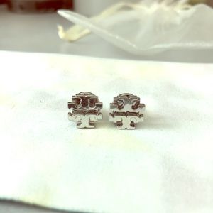 Tory Burch Logo Stud Earrings Silver